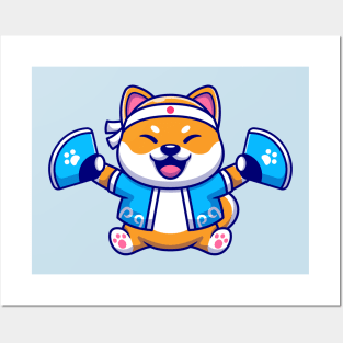 Cute Shiba Inu Dog Wearing Japanese Costume And  Handheld Fan Cartoon Posters and Art